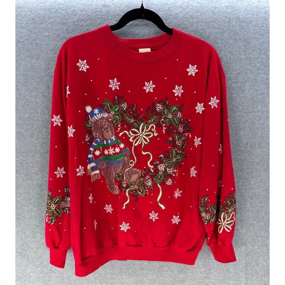 VTG Holiday Time 90s Womens M Oversized Tacky Christmas Bear Sweatshirt Wreath - Picture 1 of 11